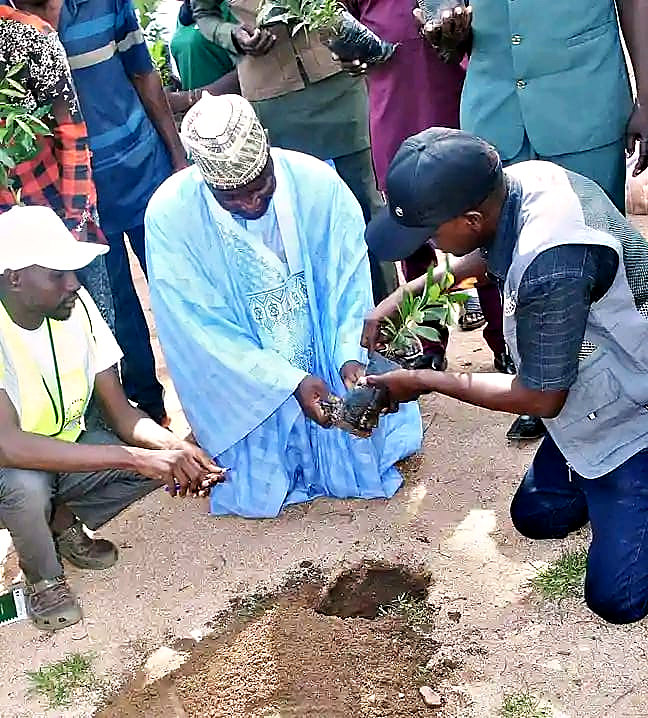 A community leader planting a tree seedling with EHF field officers during the 2026 Tree Planting Campaign
